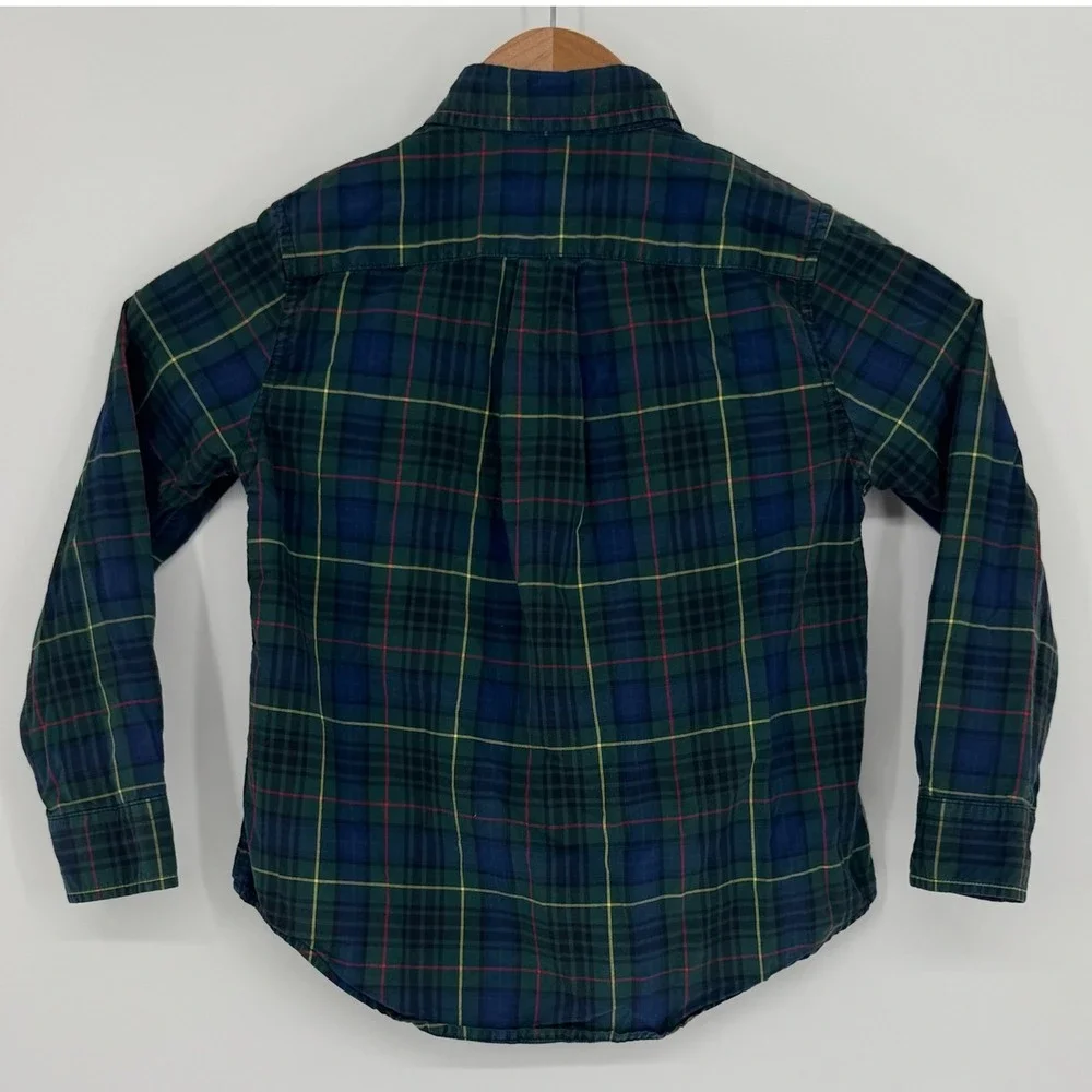 Ralph Lauren Boys Green Blue Tartan Plaid Cotton Button Down Shirt Size 5